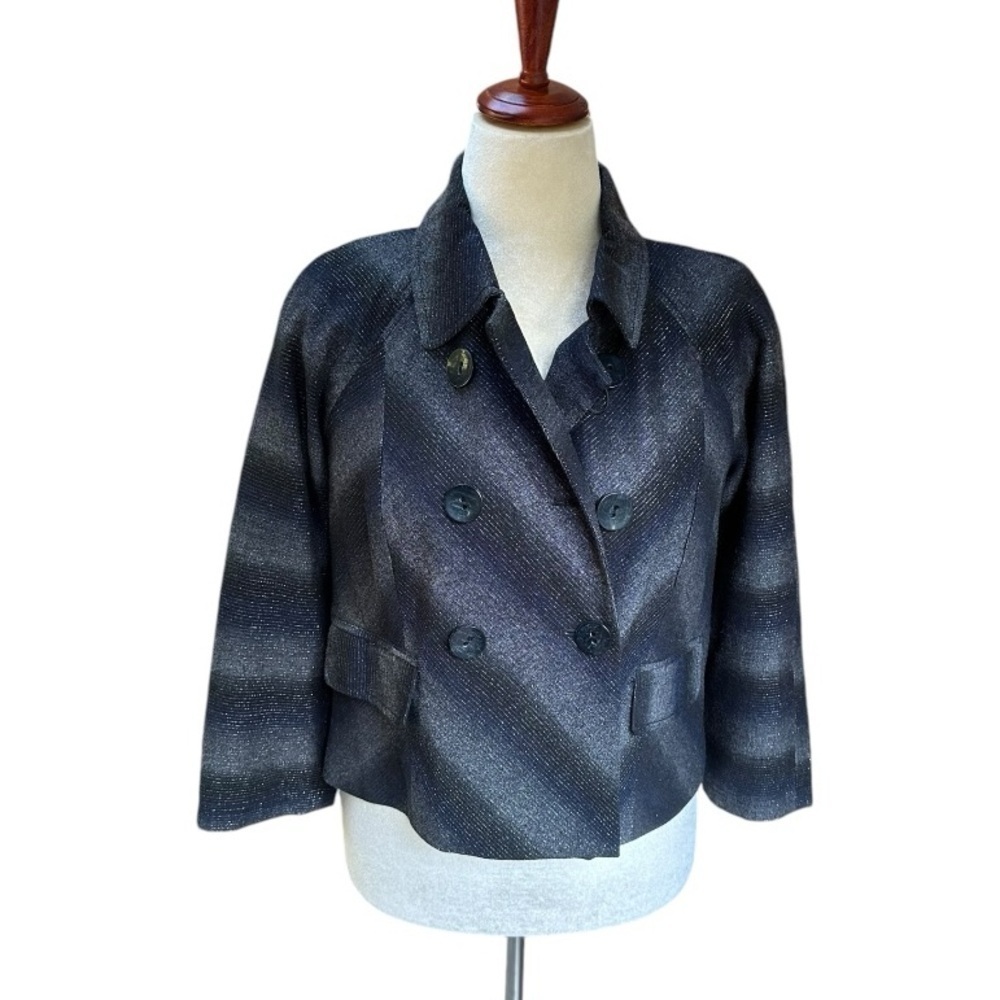 DKNY Jeans Wool Chevron Cropped Double-Breasted Jacket Blue Gray Shimmer Vintage